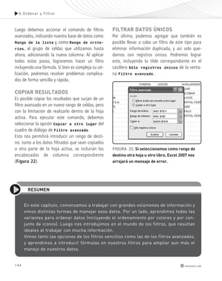 6.Ordenar y Fi l t rar 
144 
FILtRAR dAtos únIcos 
Por último, podemos agregar que también es 
posible llevar a cabo un filtro de este tipo para 
eliminar información duplicada, y así solo que-darnos 
con registros únicos. Podremos lograr 
esto, incluyendo la tilde correspondiente en el 
casillero Sólo registros únicos de la venta-na 
redusers.com 
Luego debemos accionar el comando de filtros 
avanzados, indicando nuestra base de datos como 
Rango de la lista y, como Rango de crite-rios, 
al grupo de celdas que utilizamos hasta 
ahora, adicionando la nueva columna. Al aplicar 
todos estos pasos, lograremos hacer un filtro 
incluyendo una fórmula. Si bien es compleja su uti-lización, 
podremos resolver problemas complica-dos 
de forma sencilla y rápida. 
copIAR REsULtAdos 
Es posible copiar los resultados que surjan de un 
filtro avanzado en un nuevo rango de celdas, pero 
con la limitación de realizarlo dentro de la hoja 
activa. Para ejecutar este comando, debemos 
seleccionar la opción Copiar a otro lugar del 
cuadro de diálogo de Filtro avanzado. 
Esto nos permitirá introducir un rango de desti-no. 
Junto a los datos filtrados que sean copiados 
a otra parte de la hoja activa, se incluirán los 
encabezados de columna correspondiente 
(Figura 22). 
Filtro avanzado.. 
FIGURA 22. si seleccionamos como rango de 
destino otra hoja u otro libro, Excel 2007 nos 
arrojará un mensaje de error. 
REsUmEn 
en este capítulo, comenzamos a trabajar con grandes volúmenes de información y 
vimos distintas formas de manejar esos datos. Por un lado, aprendimos todas las 
variantes para ordenar datos (incluyendo el ordenamiento por colores y por con-junto 
de iconos). Luego nos introdujimos en el mundo de los filtros, que resultan 
ideales al trabajar con mucha información. 
Vimos tanto las opciones de los filtros sencillos como las de los filtros avanzados, 
y aprendimos a introducir fórmulas en nuestros filtros para ampliar aun más el 
manejo de nuestros datos. 
 