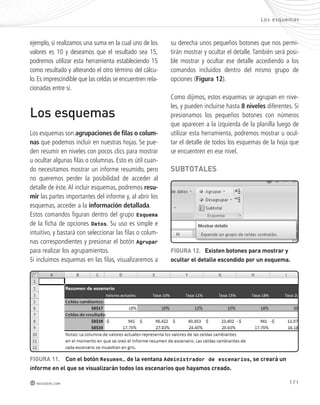 Los esquemas 
FIGURA 12. existen botones para mostrar y 
ocultar el detalle escondido por un esquema. 
171 
ejemplo, si realizamos una suma en la cual uno de los 
valores es 10 y deseamos que el resultado sea 15, 
podremos utilizar esta herramienta estableciendo 15 
como resultado y alterando el otro término del cálcu-lo. 
Es imprescindible que las celdas se encuentren rela-cionadas 
entre sí. 
Los esquemas 
Los esquemas son agrupaciones de filas o colum-nas 
que podemos incluir en nuestras hojas. Se pue-den 
resumir en niveles con pocos clics para mostrar 
u ocultar algunas filas o columnas. Esto es útil cuan-do 
necesitamos mostrar un informe resumido, pero 
no queremos perder la posibilidad de acceder al 
detalle de éste. Al incluir esquemas, podremos resu-mir 
las partes importantes del informe y, al abrir los 
esquemas, acceder a la información detallada. 
Estos comandos figuran dentro del grupo Esquema 
de la ficha de opciones Datos. Su uso es simple e 
intuitivo, y bastará con seleccionar las filas o colum-nas 
correspondientes y presionar el botón Agrupar 
para realizar los agrupamientos. 
Si incluimos esquemas en las filas, visualizaremos a 
redusers.com 
su derecha unos pequeños botones que nos permi-tirán 
mostrar y ocultar el detalle. También será posi-ble 
mostrar y ocultar ese detalle accediendo a los 
comandos incluidos dentro del mismo grupo de 
opciones (Figura 12). 
Como dijimos, estos esquemas se agrupan en nive-les, 
y pueden incluirse hasta 8 niveles diferentes. Si 
presionamos los pequeños botones con números 
que aparecen a la izquierda de la planilla luego de 
utilizar esta herramienta, podremos mostrar u ocul-tar 
el detalle de todos los esquemas de la hoja que 
se encuentren en ese nivel. 
sUBtotAles 
FIGURA 11. Con el botón Resumen… de la ventana Administrador de escenarios, se creará un 
informe en el que se visualizarán todos los escenarios que hayamos creado. 
 
