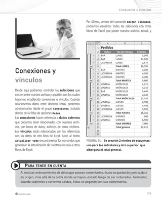 Conex iones y v { inculos 
FIGURA 14. se crearán 2 niveles de esquemas: 
uno para los subtotales y otro superior, que 
albergará el total general. 
173 
Conexiones y 
vínculos 
Desde aquí podremos controlar las relaciones que 
existen entre nuestro archivo y aquéllos con los cuales 
hayamos establecido conexiones o vínculos. Cuando 
relacionemos datos entre distintos libros, podremos 
administrarlos desde el grupo Conexiones, incluido 
dentro de la ficha de opciones Datos. 
Las conexiones hacen referencia a datos externos 
que podamos tener relacionados con nuestros archi-vos, 
con bases de datos, archivos de texto, etcétera. 
Los vínculos están relacionados con las referencias 
con los datos de otro libro de Excel. Junto al botón 
Actualizar todo encontraremos los comandos que 
generarán la actualización de nuestros vínculos a otros 
libros de Excel. 
pARA teneR en CUentA 
redusers.com 
Por último, dentro del comando Editar vínculos, 
podremos visualizar todas las relaciones con otros 
libros de Excel que posee nuestro archivo actual, y 
Al realizar ordenamientos de datos que posean comentarios, éstos se quedarán junto al dato 
de origen, más allá de la celda donde se hayan ubicado luego de ser ordenados. Asimismo, 
cuando copiemos o cortemos celdas, éstas se pegarán con sus comentarios. 
 