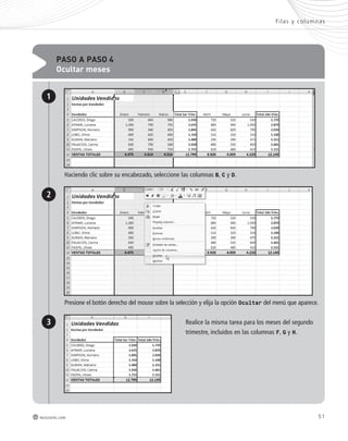 PAso A PAso 4 
ocultar meses 
Haciendo clic sobre su encabezado, seleccione las columnas B, C y D. 
1 
F i las y columnas 
Presione el botón derecho del mouse sobre la selección y elija la opción Ocultar del menú que aparece. 
Realice la misma tarea para los meses del segundo 
trimestre, incluidos en las columnas F, G y H. 
2 
3 
redusers.com 51 
 
