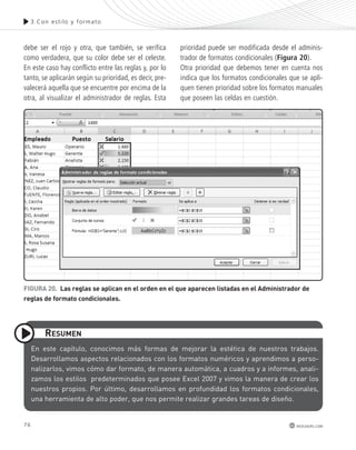 prioridad puede ser modificada desde el adminis-trador 
de formatos condicionales (Figura 20). 
Otra prioridad que debemos tener en cuenta nos 
indica que los formatos condicionales que se apli-quen 
tienen prioridad sobre los formatos manuales 
que poseen las celdas en cuestión. 
FIGUra 20. Las reglas se aplican en el orden en el que aparecen listadas en el administrador de 
reglas de formato condicionales. 
76 
3.Con es t i lo y formato 
redusers.com 
debe ser el rojo y otra, que también, se verifica 
como verdadera, que su color debe ser el celeste. 
En este caso hay conflicto entre las reglas y, por lo 
tanto, se aplicarán según su prioridad, es decir, pre-valecerá 
aquella que se encuentre por encima de la 
otra, al visualizar el administrador de reglas. Esta 
resUmen 
en este capítulo, conocimos más formas de mejorar la estética de nuestros trabajos. 
desarrollamos aspectos relacionados con los formatos numéricos y aprendimos a perso-nalizarlos, 
vimos cómo dar formato, de manera automática, a cuadros y a informes, anali-zamos 
los estilos predeterminados que posee excel 2007 y vimos la manera de crear los 
nuestros propios. Por último, desarrollamos en profundidad los formatos condicionales, 
una herramienta de alto poder, que nos permite realizar grandes tareas de diseño. 
 