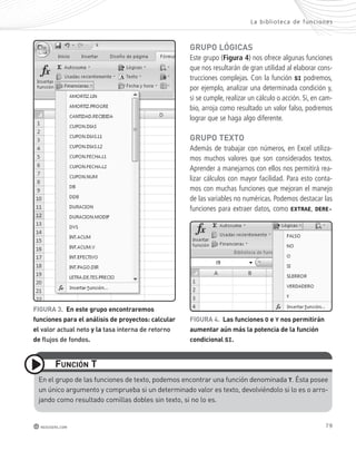 La bibl ioteca de func iones 
Grupo lóGicas 
Este grupo (Figura 4) nos ofrece algunas funciones 
que nos resultarán de gran utilidad al elaborar cons-trucciones 
complejas. Con la función SI podremos, 
por ejemplo, analizar una determinada condición y, 
si se cumple, realizar un cálculo o acción. Si, en cam-bio, 
arroja como resultado un valor falso, podremos 
Grupo texto 
Además de trabajar con números, en Excel utiliza-mos 
muchos valores que son considerados textos. 
Aprender a manejarnos con ellos nos permitirá rea-lizar 
cálculos con mayor facilidad. Para esto conta-mos 
con muchas funciones que mejoran el manejo 
de las variables no numéricas. Podemos destacar las 
funciones para extraer datos, como EXTRAE, DERE-en 
79 
FiGura 3. en este grupo encontraremos 
funciones para el análisis de proyectos: calcular 
el valor actual neto y la tasa interna de retorno 
de flujos de fondos. 
Función t 
redusers.com 
lograr que se haga algo diferente. 
FiGura 4. las funciones O e Y nos permitirán 
aumentar aún más la potencia de la función 
condicional SI. 
el grupo de las funciones de texto, podemos encontrar una función denominada T. Ésta posee 
un único argumento y comprueba si un determinado valor es texto, devolviéndolo si lo es o arro-jando 
como resultado comillas dobles sin texto, si no lo es. 
 