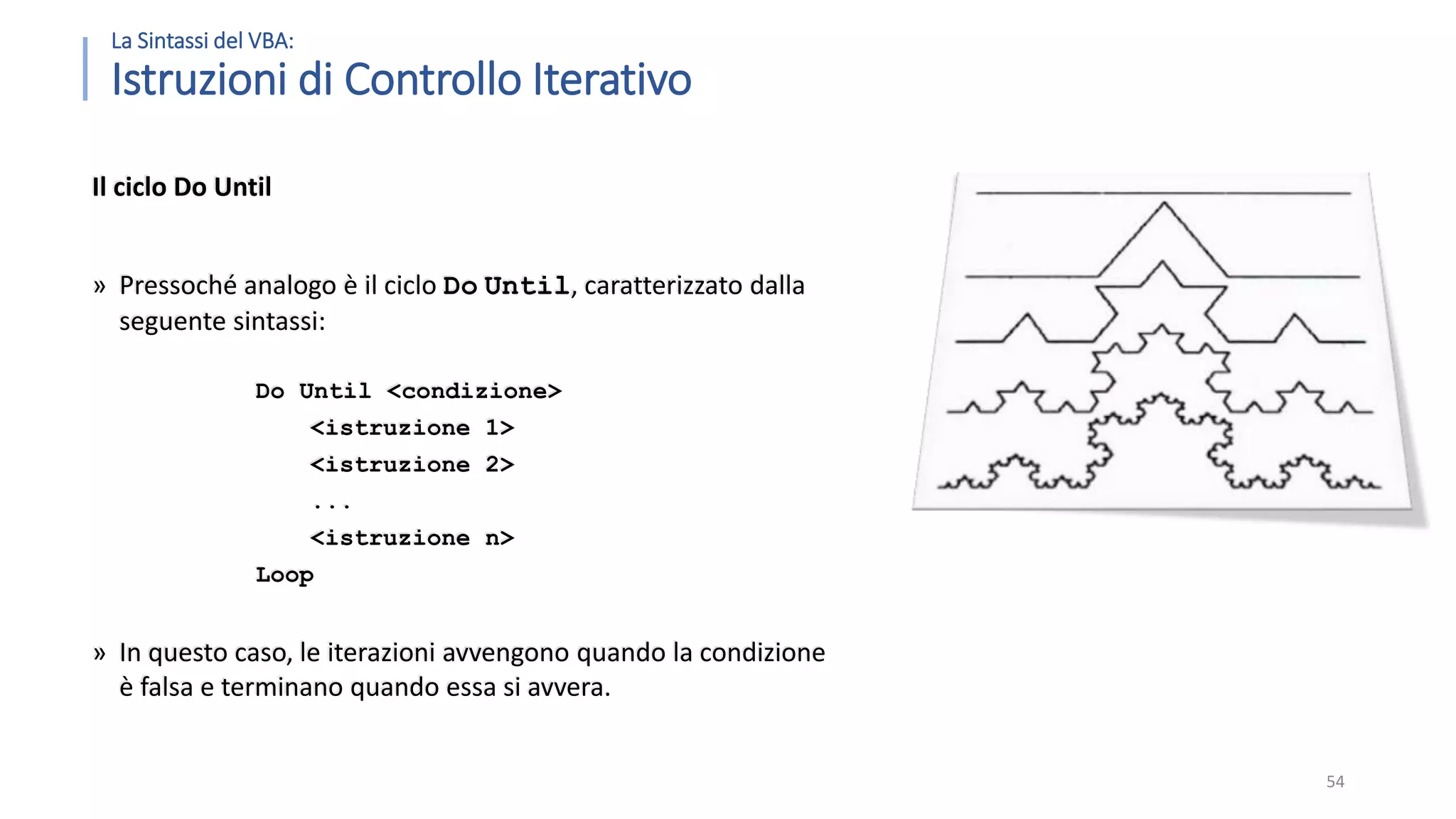 La Sintassi del VBA: Istruzioni di Controllo Iterativo Il ciclo Do Until » Pressoché analogo è il ciclo Do Until, caratterizzato dalla seguente sintassi: Do Until <condizione> <istruzione 1> <istruzione 2> ... <istruzione n> Loop » In questo caso, le iterazioni avvengono quando la condizione è falsa e terminano quando essa si avvera. 54 