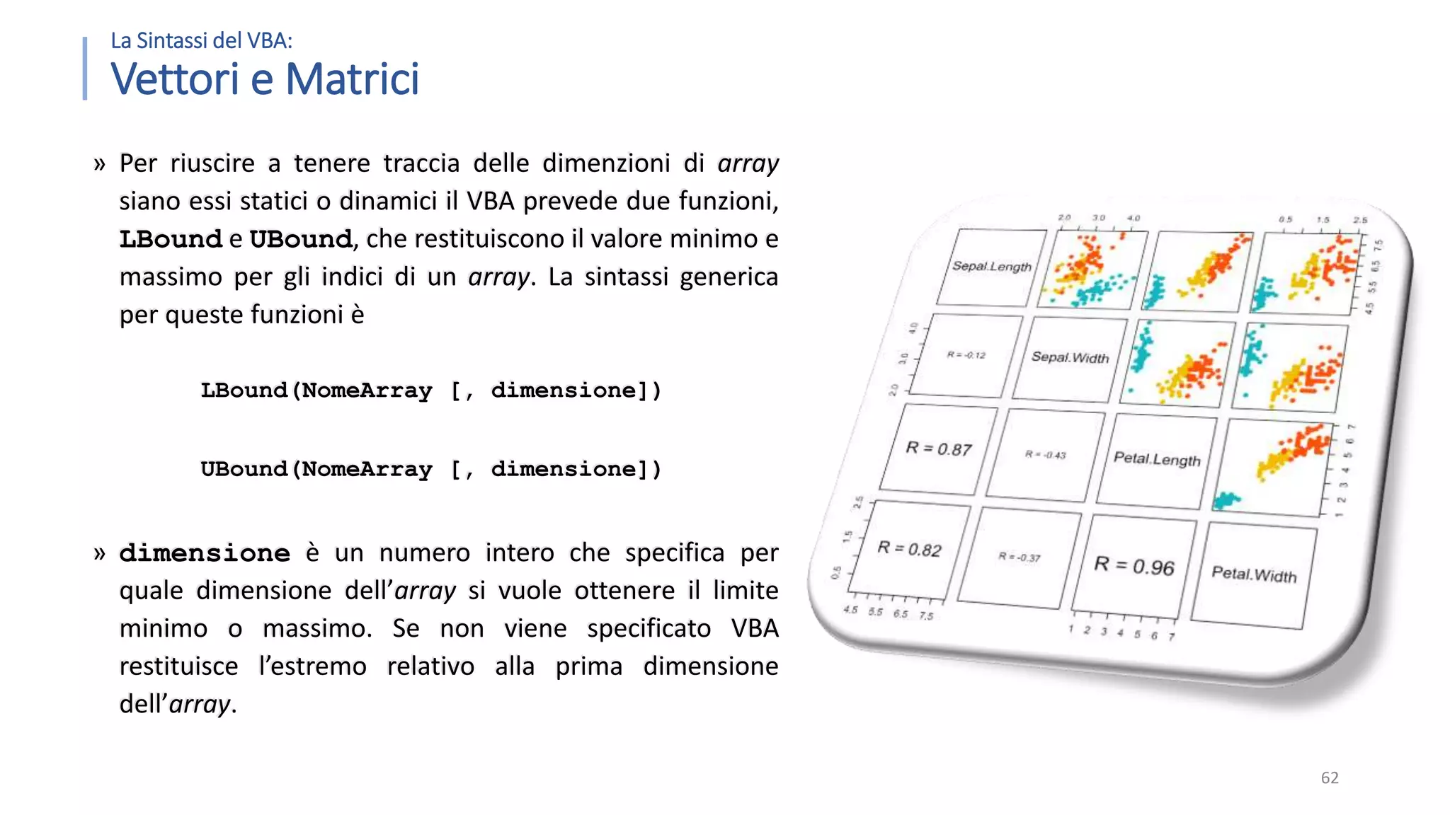 La Sintassi del VBA: Vettori e Matrici » Per riuscire a tenere traccia delle dimenzioni di array siano essi statici o dinamici il VBA prevede due funzioni, LBound e UBound, che restituiscono il valore minimo e massimo per gli indici di un array. La sintassi generica per queste funzioni è LBound(NomeArray [, dimensione]) UBound(NomeArray [, dimensione]) » dimensione è un numero intero che specifica per quale dimensione dell’array si vuole ottenere il limite minimo o massimo. Se non viene specificato VBA restituisce l’estremo relativo alla prima dimensione dell’array. 62 