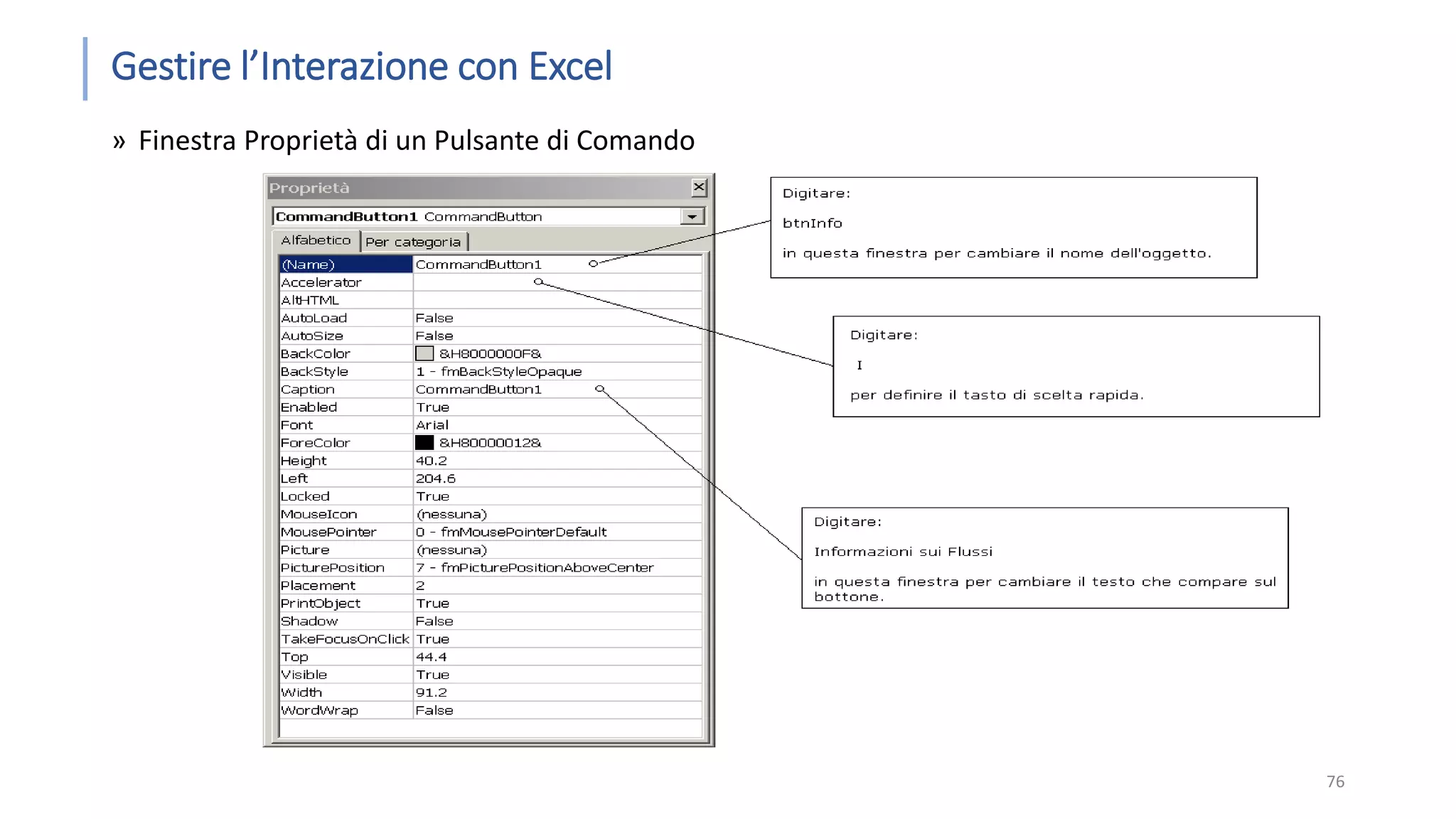 Gestire l’Interazione con Excel » Finestra Proprietà di un Pulsante di Comando 76 