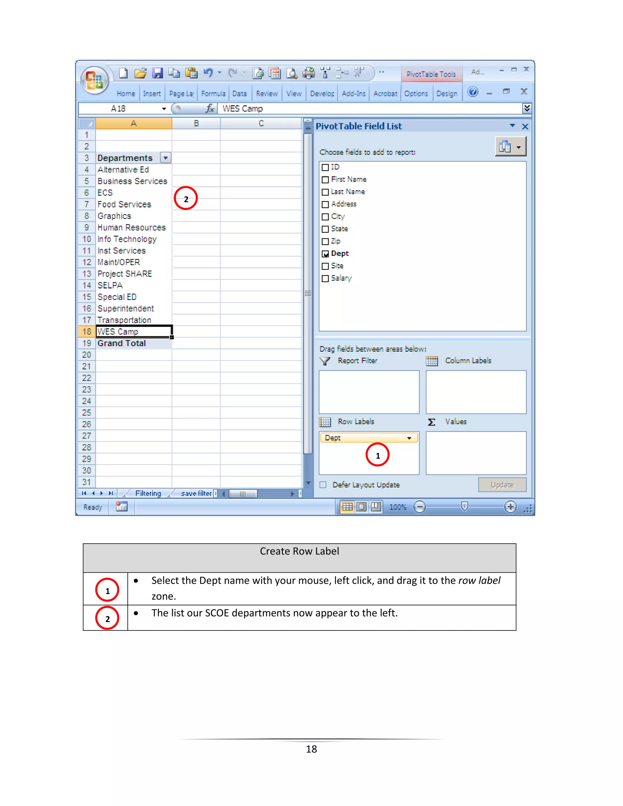 18
Create Row Label
• Select the Dept name with your mouse, left click, and drag it to the row label
zone.
• The list our SCOE departments now appear to the left.
2
1
1
2
 
