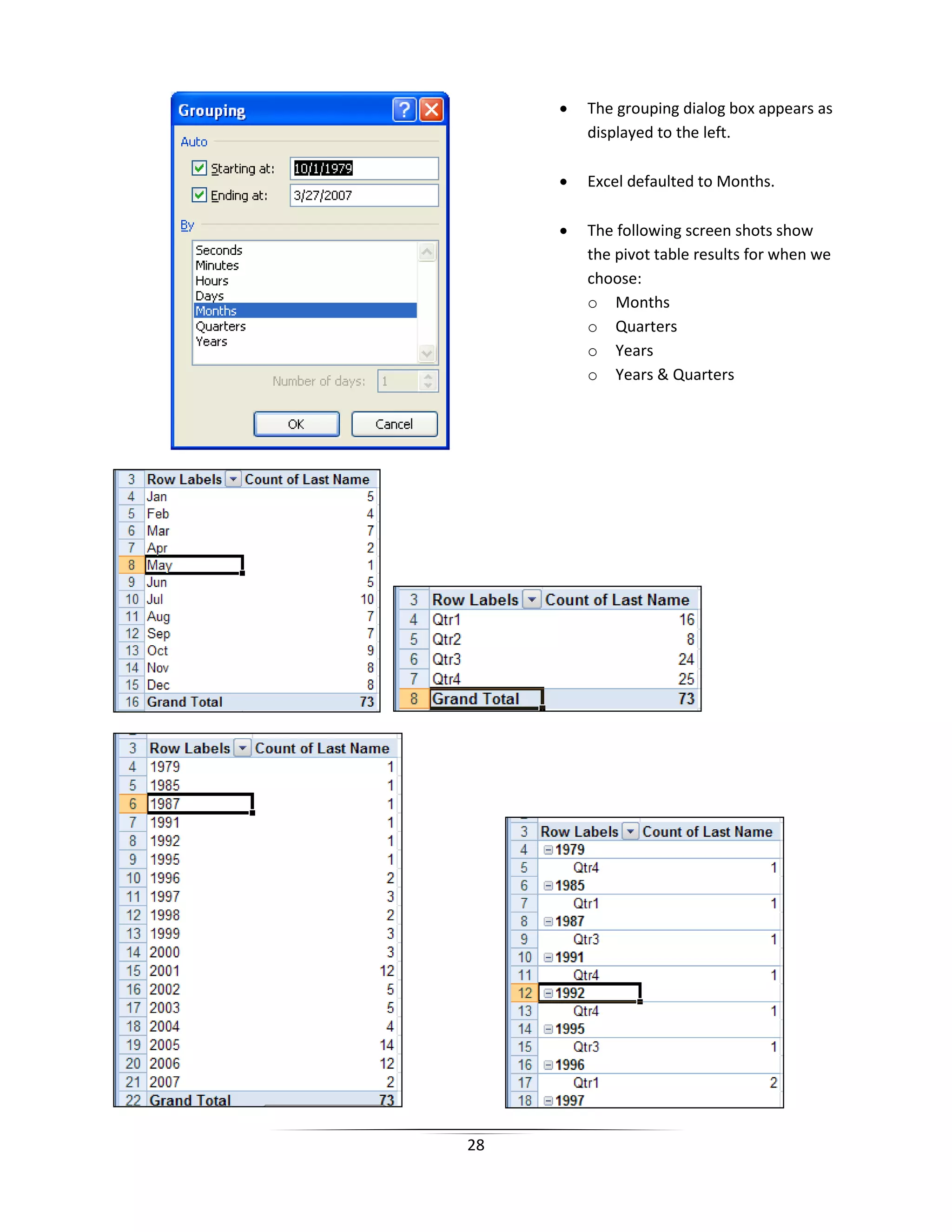 28
• The grouping dialog box appears as
displayed to the left.
• Excel defaulted to Months.
• The following screen shots show
the pivot table results for when we
choose:
o Months
o Quarters
o Years
o Years & Quarters
 