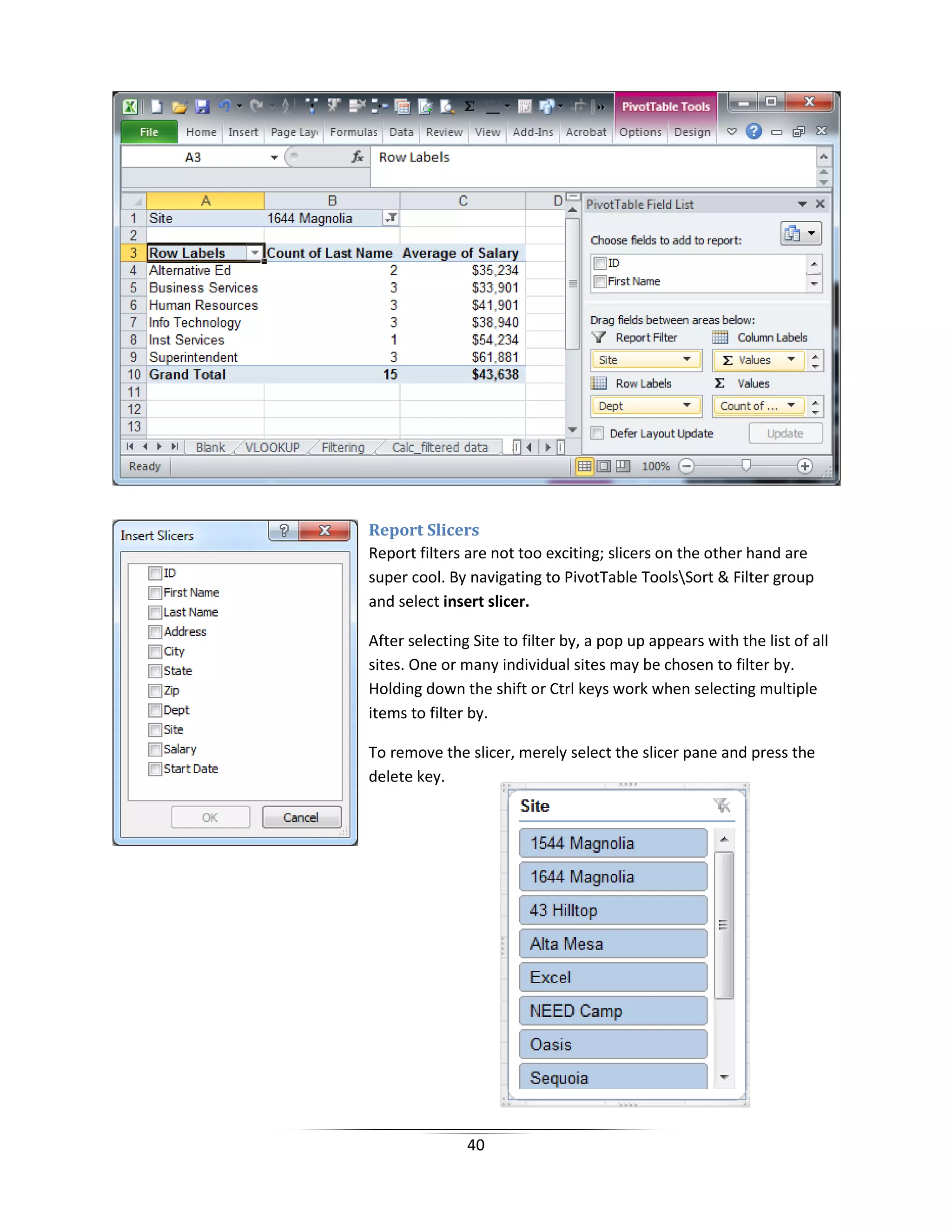 40
Report Slicers
Report filters are not too exciting; slicers on the other hand are
super cool. By navigating to PivotTable ToolsSort & Filter group
and select insert slicer.
After selecting Site to filter by, a pop up appears with the list of all
sites. One or many individual sites may be chosen to filter by.
Holding down the shift or Ctrl keys work when selecting multiple
items to filter by.
To remove the slicer, merely select the slicer pane and press the
delete key.
 