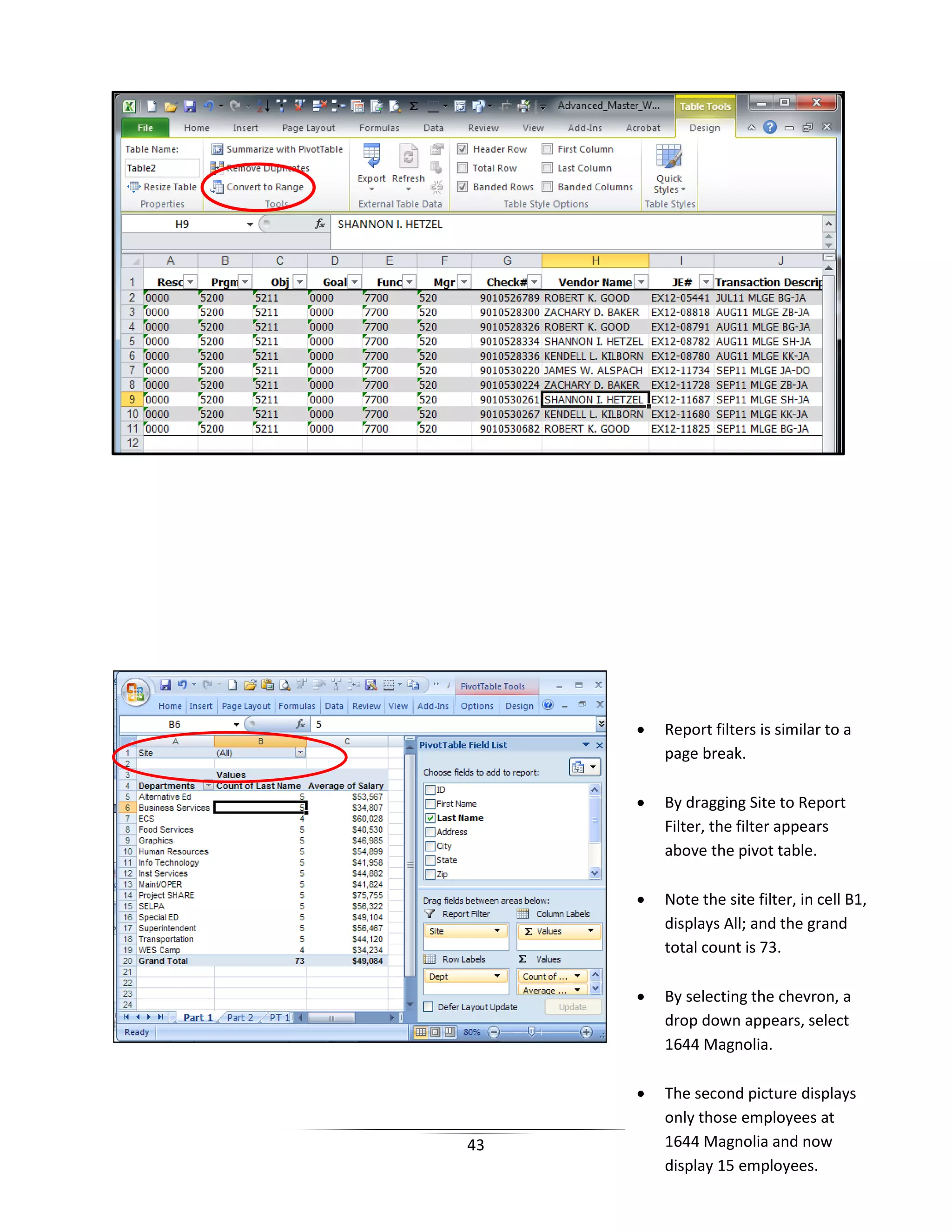 43
• Report filters is similar to a
page break.
• By dragging Site to Report
Filter, the filter appears
above the pivot table.
• Note the site filter, in cell B1,
displays All; and the grand
total count is 73.
• By selecting the chevron, a
drop down appears, select
1644 Magnolia.
• The second picture displays
only those employees at
1644 Magnolia and now
display 15 employees.
 