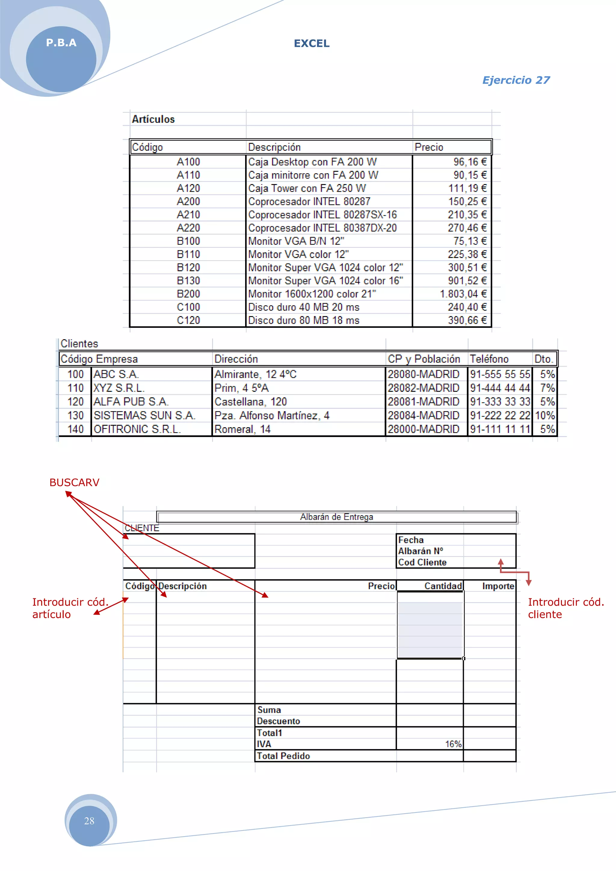 EXCELP.B.A
28
Ejercicio 27
BUSCARV
Introducir cód.
cliente
Introducir cód.
artículo
 