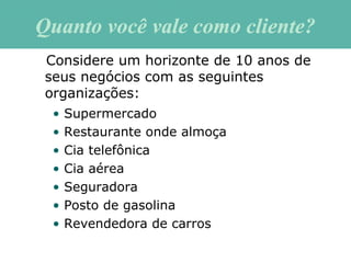 Considere um horizonte de 10 anos de
seus negócios com as seguintes
organizações:
• Supermercado
• Restaurante onde almoça
• Cia telefônica
• Cia aérea
• Seguradora
• Posto de gasolina
• Revendedora de carros
Quanto você vale como cliente?Quanto você vale como cliente?
 