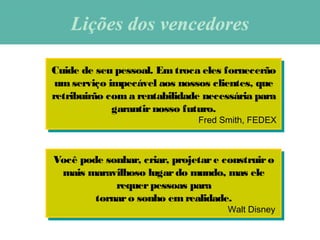 Cuide de seu pessoal. Emtroca eles fornecerão
um serviço impecável aos nossos clientes, que
retribuirão coma rentabilidade necessária para
garantirnosso futuro.
Fred Smith, FEDEX
Cuide de seu pessoal. Emtroca eles fornecerão
um serviço impecável aos nossos clientes, que
retribuirão coma rentabilidade necessária para
garantirnosso futuro.
Fred Smith, FEDEX
Você pode sonhar, criar, projetare construiro
mais maravilhoso lugardo mundo, mas ele
requerpessoas para
tornaro sonho em realidade.
Walt Disney
Você pode sonhar, criar, projetare construiro
mais maravilhoso lugardo mundo, mas ele
requerpessoas para
tornaro sonho em realidade.
Walt Disney
Lições dos vencedoresLições dos vencedores
 