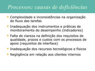 Processos: causas de deficiênciasProcessos: causas de deficiências
 Complexidade e inconsistências na organização
do fluxo das tarefas
 Inadequação dos instrumentos e práticas de
monitoramento do desempenho (indicadores)
 Falta de clareza na definição dos requisitos de
qualidade, prazos e custos com os processos de
apoio (requisitos de interface)
 Inadequação dos recursos tecnológicos e físicos
 Negligência em relação aos clientes internos
 