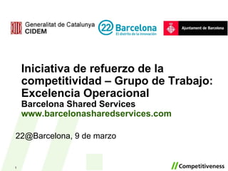 Iniciativa de refuerzo de la competitividad – Grupo de Trabajo: Excelencia Operacional Barcelona Shared Services www.barcelonasharedservices.com   22@Barcelona, 9 de marzo 