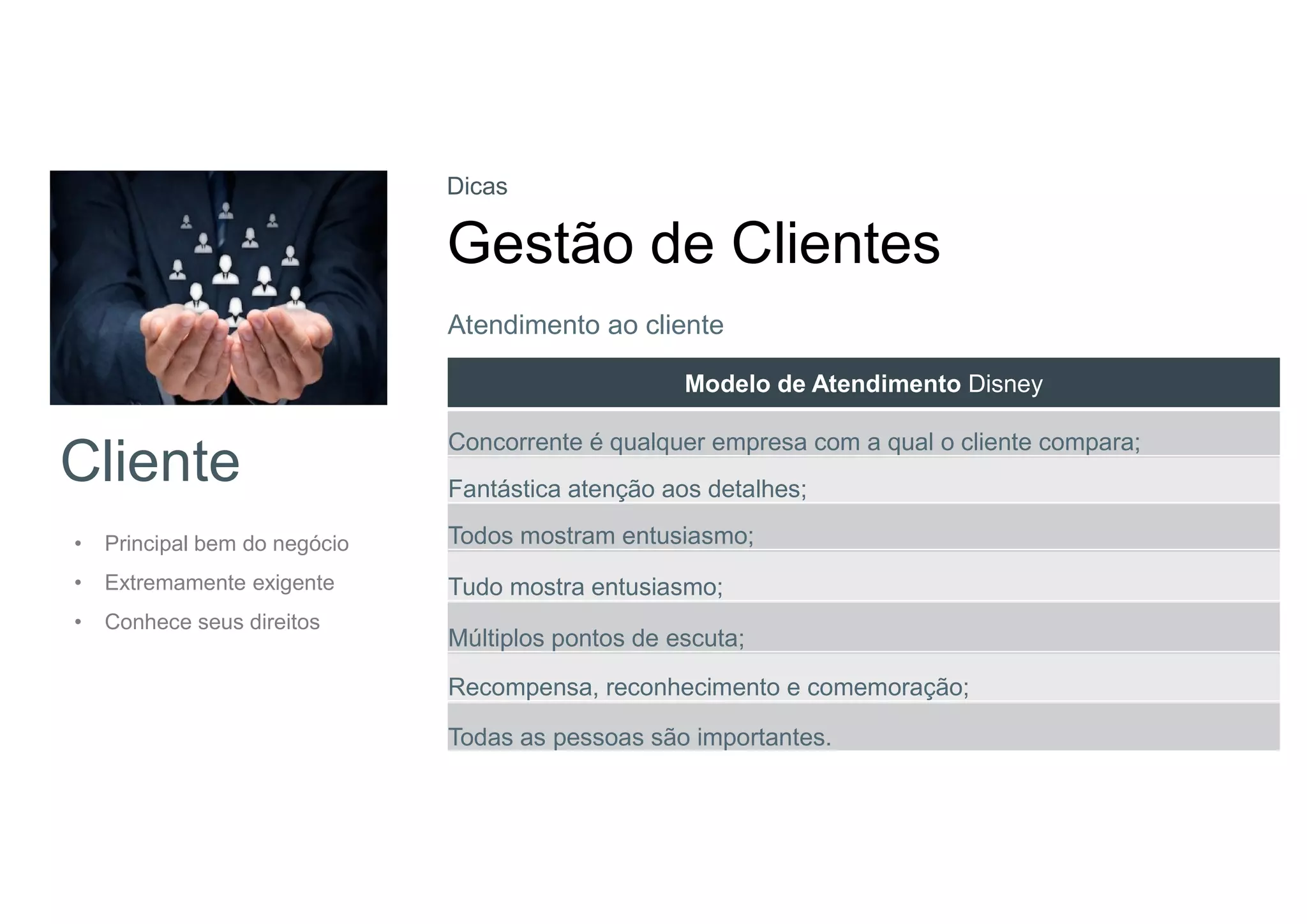 Cliente
• Principal bem do negócio
• Extremamente exigente
• Conhece seus direitos
Dicas
Gestão de Clientes
Atendimento ao cliente
Modelo de Atendimento Disney
Concorrente é qualquer empresa com a qual o cliente compara;
Fantástica atenção aos detalhes;
Todos mostram entusiasmo;
Tudo mostra entusiasmo;
Múltiplos pontos de escuta;
Recompensa, reconhecimento e comemoração;
Todas as pessoas são importantes.
 