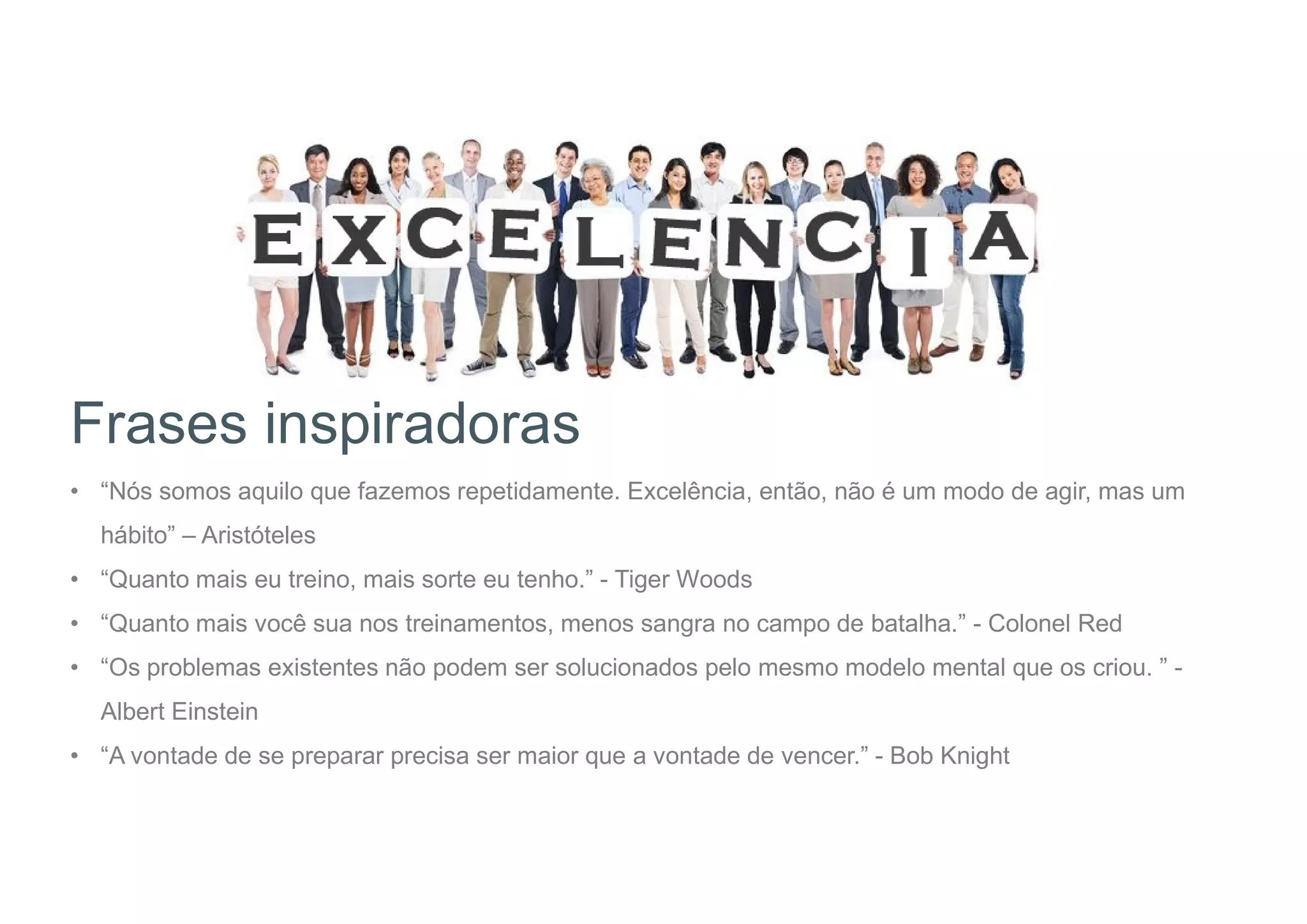 Frases inspiradoras
• “Nós somos aquilo que fazemos repetidamente. Excelência, então, não é um modo de agir, mas um
hábito” – Aristóteles
• “Quanto mais eu treino, mais sorte eu tenho.” - Tiger Woods
• “Quanto mais você sua nos treinamentos, menos sangra no campo de batalha.” - Colonel Red
• “Os problemas existentes não podem ser solucionados pelo mesmo modelo mental que os criou. ” -
Albert Einstein
• “A vontade de se preparar precisa ser maior que a vontade de vencer.” - Bob Knight
 