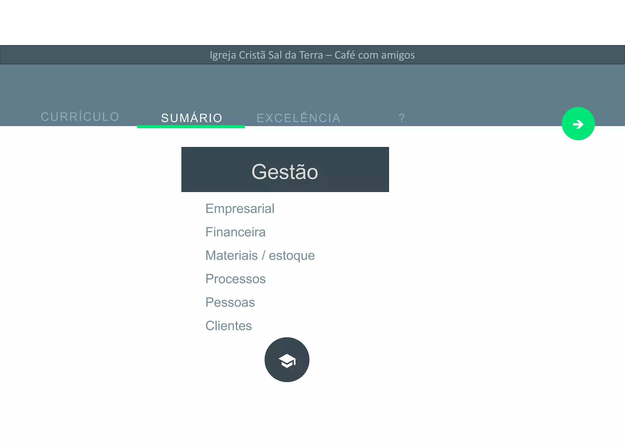 Your Company Slogan Here and some Business Information E-Mail: me@materialdesigntemplate l Phone: +49 89 1726182
CURRÍCULO SUMÁRIO EXCELÊNCIA ?

Empresarial
Financeira
Materiais / estoque
Processos
Pessoas
Clientes
Igreja Cristã Sal da Terra – Café com amigos
Gestão
 