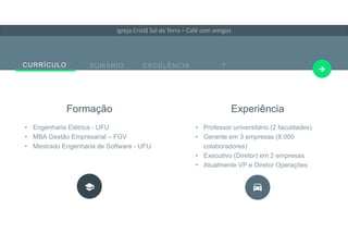 Your Company Slogan Here and some Business Information E-Mail: me@materialdesigntemplate l Phone: +49 89 1726182
CURRÍCULO SUMÁRIO EXCELÊNCIA ?

• Engenharia Elétrica - UFU
• MBA Gestão Empresarial – FGV
• Mestrado Engenharia de Software - UFU
Formação
• Professor universitário (2 faculdades)
• Gerente em 3 empresas (8.000
colaboradores)
• Executivo (Diretor) em 2 empresas
• Atualmente VP e Diretor Operações
Experiência
Igreja Cristã Sal da Terra – Café com amigos
 
