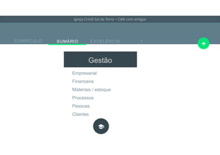 Your Company Slogan Here and some Business Information E-Mail: me@materialdesigntemplate l Phone: +49 89 1726182
CURRÍCULO SUMÁRIO EXCELÊNCIA ?

Empresarial
Financeira
Materiais / estoque
Processos
Pessoas
Clientes
Igreja Cristã Sal da Terra – Café com amigos
Gestão
 