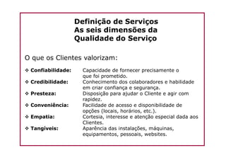 O que os Clientes valorizam:
Confiabilidade: Capacidade de fornecer precisamente o
que foi prometido.
Credibilidade: Conhecimento dos colaboradores e habilidade
Definição de Serviços
As seis dimensões da
Qualidade do Serviço
Credibilidade: Conhecimento dos colaboradores e habilidade
em criar confiança e segurança.
Presteza: Disposição para ajudar o Cliente e agir com
rapidez.
Conveniência: Facilidade de acesso e disponibilidade de
opções (locais, horários, etc.).
Empatia: Cortesia, interesse e atenção especial dada aos
Clientes.
Tangíveis: Aparência das instalações, máquinas,
equipamentos, pessoais, websites.
 
