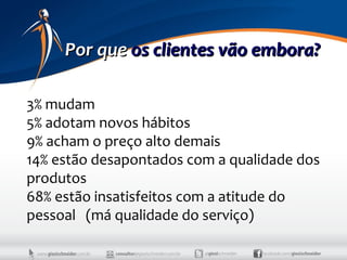 Por que os clientes vão embora?

3% mudam
5% adotam novos hábitos
9% acham o preço alto demais
14% estão desapontados com a qualidade dos
produtos
68% estão insatisfeitos com a atitude do
pessoal (má qualidade do serviço)
 
