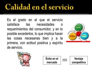 Es el grado en el que el servicio
satisface    las      necesidades      o
requerimientos del consumidor, y en lo
posible excederlos, lo que implica hacer
las cosas necesarias bien y a la
primera, con actitud positiva y espíritu
de servicio.

                           Éxito en el       Ventaja
                            mercado        competitiva
 