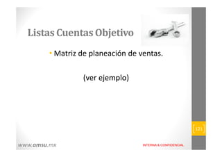 Listas Cuentas Objetivo 
• Matriz de planeación de ventas. 
(ver ejemplo) 
121 
www.amsu.mx INTERNA & CONFIDENCIAL 
 