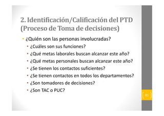 2. Identificación/Calificación del PTD 
(Proceso de Toma de decisiones) 
• ¿Quién son las personas involucradas? 
• ¿Cuále...