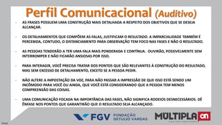 Perfil Comunicacional (Auditivo)
- AS FRASES POSSUEM UMA CONSTRUÇÃO MAIS DETALHADA A RESPEITO DOS OBJETIVOS QUE SE DESEJA
ALCANÇAR.
- OS DETALHAMENTOS QUE COMPÕEM AS FALAS, JUSTIFICAM O RESULTADO. A IMPARCIALIDADE TAMBÉM É
PERCEBIDA, CONTUDO, O DISTANCIAMENTO PARA OBSERVAÇÃO TEM FOCO NAS FASES E NÃO O RESULTADO.
- AS PESSOAS TENDERÃO A TER UMA FALA MAIS PONDERADA E CONTÍNUA. OUVIRÃO, POSSIVELMENTE SEM
INTERROMPER E NÃO FICARÃO ANSIOSAS POR ISSO.
- PARA INTERAGIR, VOCÊ PRECISA TRATAR DOS PONTOS QUE SÃO RELEVANTES À CONSTRUÇÃO DO RESULTADO,
MAS SEM EXCESSO DE DETALHAMENTO, EXCETO SE A PESSOA PEDIR.
- NÃO ALTERE A IMPOSTAÇÃO DA VOZ, PARA NÃO PASSAR A IMPRESSÃO DE QUE ISSO ESTÁ SENDO UM
INCÔMODO PARA VOCÊ OU AINDA, QUE VOCÊ ESTÁ CONSIDERANDO QUE A PESSOA TEM MENOS
COMPREENSÃO DAS COISAS.
- UMA COMUNICAÇÃO FOCADA NA IMPORTÂNCIA DAS FASES, NÃO SIGNIFICA RODEIOS DESNECESSÁRIOS. DÊ
ÊNFASE NOS PONTOS QUE GARANTIRÃO QUE O RESULTADO SEJA ALCANÇADO.
Cinest
 