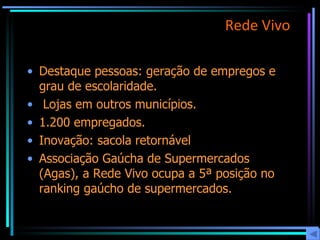 Rede Vivo Destaque pessoas: geração de empregos e grau de escolaridade. Lojas em outros municípios. 1.200 empregados. Inovação: sacola retornável  Associação Gaúcha de Supermercados (Agas), a Rede Vivo ocupa a 5ª posição no ranking gaúcho de supermercados. 