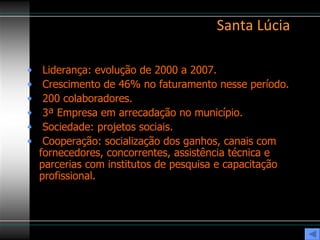 Santa Lúcia Liderança: evolução de 2000 a 2007. Crescimento de 46% no faturamento nesse período. 200 colaboradores. 3ª Empresa em arrecadação no município.  Sociedade: projetos sociais. Cooperação: socialização dos ganhos, canais com fornecedores, concorrentes, assistência técnica e parcerias com institutos de pesquisa e capacitação profissional. 