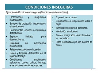 CONDICIONES INSEGURAS
24
• Protecciones y resguardos
inadecuados.
• Equipos de protección inadecuados
o insuficientes.
• Herramientas, equipos o materiales
defectuosos.
• Espacio limitado para
desenvolverse.
• Sistemas de advertencia
insuficientes.
• Peligro de explosión o incendio.
• Orden y limpieza deficientes en el
lugar de trabajo.
• Condiciones ambientales
peligrosas: gases, polvos, humos,
emanaciones metálicas, vapores.
• Exposiciones a ruidos.
• Exposiciones a temperaturas altas o
bajas.
• Iluminación excesiva o deficiente.
• Ventilación insuficiente.
• Cables energizados desordenados o
en mal estado.
• Pisos resbaladizos y/o con mancha de
aceite.
Ejemplos de Condiciones Inseguras (Condiciones subestándares):
 