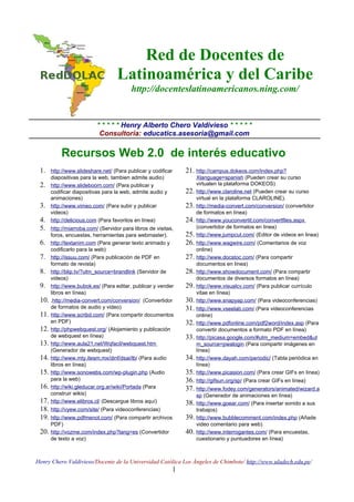 Red de Docentes de
                                    Latinoamérica y del Caribe
                                          http://docenteslatinoamericanos.ning.com/


                           * * * * * Henry Alberto Chero Valdivieso * * * * *
                            Consultoría: educatics.asesoria@gmail.com

           Recursos Web 2.0 de interés educativo
 1.    http://www.slideshare.net/ (Para publicar y codificar    21. http://campus.dokeos.com/index.php?
       diapositivas para la web, tambien admite audio)                Xlanguage=spanish (Pueden crear su curso
 2.    http://www.slideboom.com/ (Para publicar y                     virtualen la plataforma DOKEOS)
       codificar diapositivas para la web, admite audio y       22.   http://www.claroline.net (Pueden crear su curso
       animaciones)                                                   virtual en la plataforma CLAROLINE).
 3.    http://www.vimeo.com/ (Para subir y publicar             23.   http://media-convert.com/conversion/ (convertidor
       videos)                                                        de formatos en línea)
 4.    http://delicious.com (Para favoritos en línea)           24.   http://www.youconvertit.com/convertfiles.aspx
 5.    http://miarroba.com/ (Servidor para libros de visitas,         (convertidor de formatos en linea)
       foros, encuestas, herramientas para webmaster).          25.   http://www.jumpcut.com/ (Editor de videos en linea)
 6.    http://textanim.com (Para generar texto animado y        26. http://www.wagwire.com/ (Comentarios de voz
       codificarlo para la web)                                       online)
 7.    http://issuu.com/ (Para publicación de PDF en            27. http://www.docstoc.com/ (Para compartir
       formato de revista)                                            documentos en línea)
 8.    http://blip.tv/?utm_source=brandlink (Servidor de        28. http://www.showdocument.com/ (Para compartir
       videos)                                                        documentos de diversos formatos en línea)
 9.    http://www.bubok.es/ (Para editar, publicar y vender     29. http://www.visualcv.com/ (Para publicar currículo
       libros en línea)                                               vitae en línea)
 10.   .http://media-convert.com/conversion/ (Convertidor       30. http://www.snapyap.com/ (Para videoconferencias)
       de formatos de audio y video)                            31. http://www.vseelab.com/ (Para videoconferencias
 11.   http://www.scribd.com/ (Para compartir documentos              online)
       en PDF)                                                  32.   http://www.pdfonline.com/pdf2word/index.asp (Para
 12.   http://phpwebquest.org/ (Alojamiento y publicación             convertir documentos a formato PDF en línea)
       de webquest en línea)                                    33.   http://picasa.google.com/#utm_medium=embed&ut
 13.   http://www.aula21.net/Wqfacil/webquest.htm                     m_source=pwalogin (Para compartir imágenes en
       (Generador de webquest)                                        línea)
 14.   http://www.mty.itesm.mx/dinf/dsai/lb/ (Para audio        34.   http://www.dayah.com/periodic/ (Tabla periódica en
       libros en línea)                                               línea)
 15.   http://www.sonowebs.com/wp-plugin.php (Audio             35.   http://www.picasion.com/ (Para crear GIFs en línea)
       para la web)                                             36. http://gifsun.org/sp/ (Para crear GIFs en línea)
 16.   http://wiki.gleducar.org.ar/wiki/Portada (Para           37. http://www.fodey.com/generators/animated/wizard.a
       construir wikis)                                               sp (Generador de animaciones en línea)
 17.   http://www.elibros.cl/ (Descargue libros aquí)           38. http://www.goear.com/ (Para insertar sonido a sus
 18. http://vyew.com/site/ (Para videoconferencias)                   trabajos)
 19. http://www.pdfmenot.com/ (Para compartir archivos          39. http://www.bubblecomment.com/index.php (Añade
       PDF)                                                           video comentario para web)
 20. http://vozme.com/index.php?lang=es (Convertidor            40. http://www.interrogantes.com/ (Para encuestas,
       de texto a voz)                                                cuestionario y puntuadores en línea)



Henry Chero Valdivieso/Docente de la Universidad Católica Los Ángeles de Chimbote/ http://www.uladech.edu.pe/
                                                            1
 