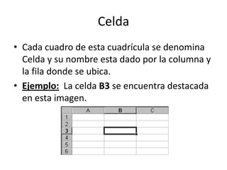 Celda
• Cada cuadro de esta cuadrícula se denomina
  Celda y su nombre esta dado por la columna y
  la fila donde se ubica.
• Ejemplo: La celda B3 se encuentra destacada
  en esta imagen.
 