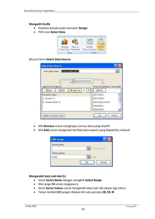 Microsoft Excel 2007 Tingkat Mahir
USAID-DBE1 Training ICT
92
Mengedit Grafik
 Pastikan berada pada menubar Design
 Pilih icon Select Data
Muncul form Select Data Source
 Klik Remove untuk menghapus semua data yang terpilih
 Klik Add untuk mengambil kembali data seperti yang Bapak/Ibu maksud
Mengambil data Laki-laki (L)
 Sorot Series Name dengan mengklik Select Range
 Klik range C4 untuk rangkaian L
 Sorot Series Values untuk mengambil data Laki-laki dalam tiga tahun
 Tekan tombol Ctrl jangan dilepas klik satu persatu C8, F8, I8
 