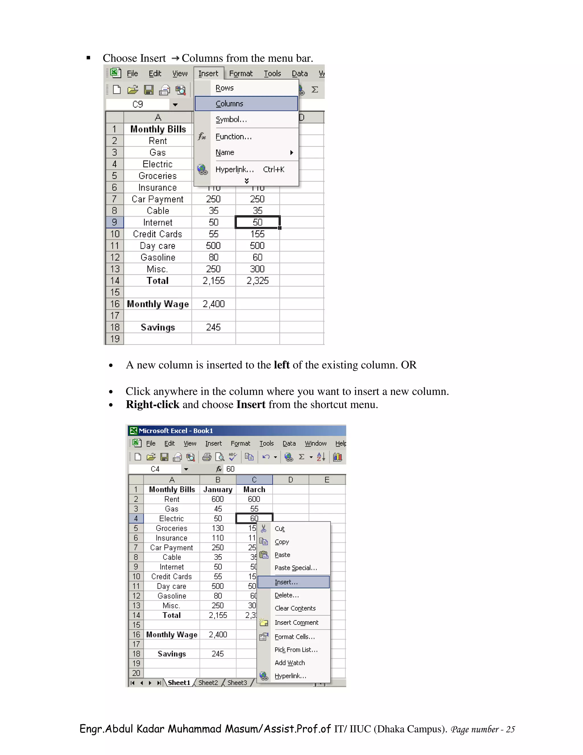 Choose Insert    Columns from the menu bar.




     •   A new column is inserted to the left of the existing column. OR

     •   Click anywhere in the column where you want to insert a new column.
     •   Right-click and choose Insert from the shortcut menu.




Engr.Abdul Kadar Muhammad Masum/Assist.Prof.of IT/ IIUC (Dhaka Campus). Page number - 25
 