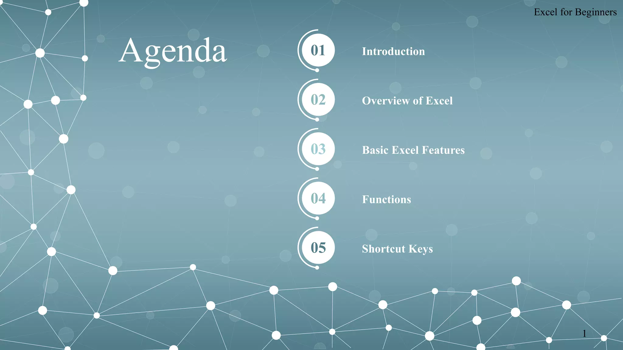 Introduction
Overview of Excel
Basic Excel Features
Functions
Shortcut Keys
01
02
03
04
05
Agenda
Excel for Beginners
1
 