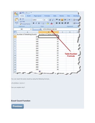 You can reach the same result by using the following formula...


=FLOOR(A1,14)/14+1


Can you explain why?




Excel Count Function
 