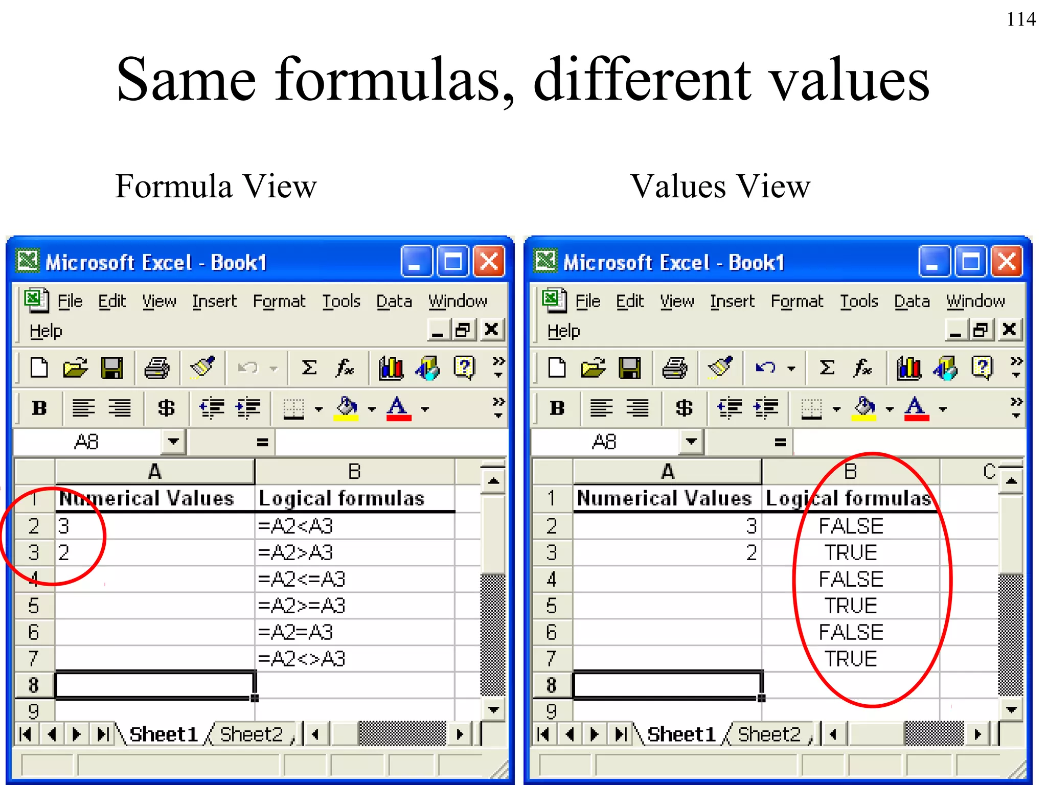 114
Same formulas, different values
Formula View Values View
 