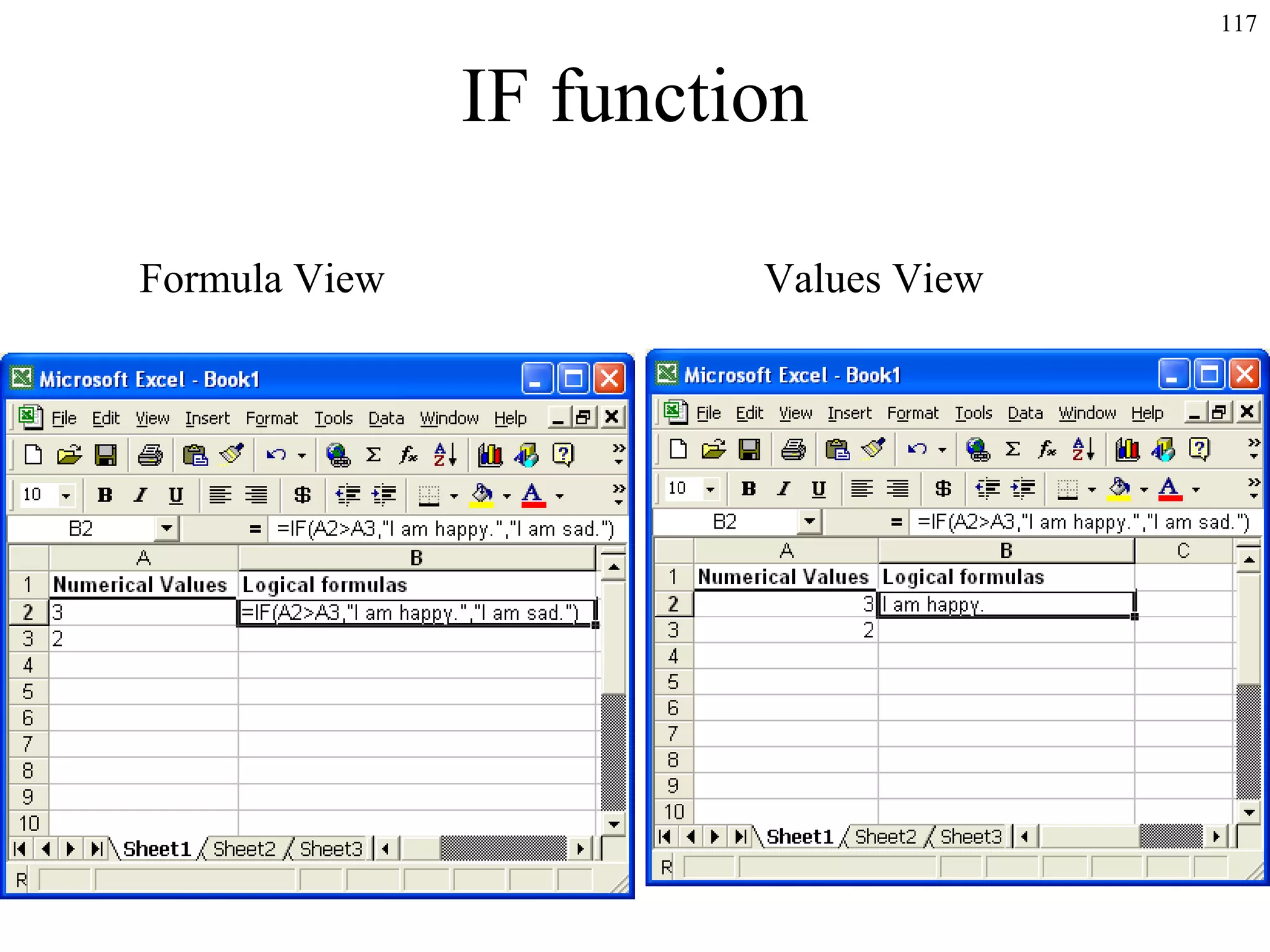 117
IF function
Formula View Values View
 