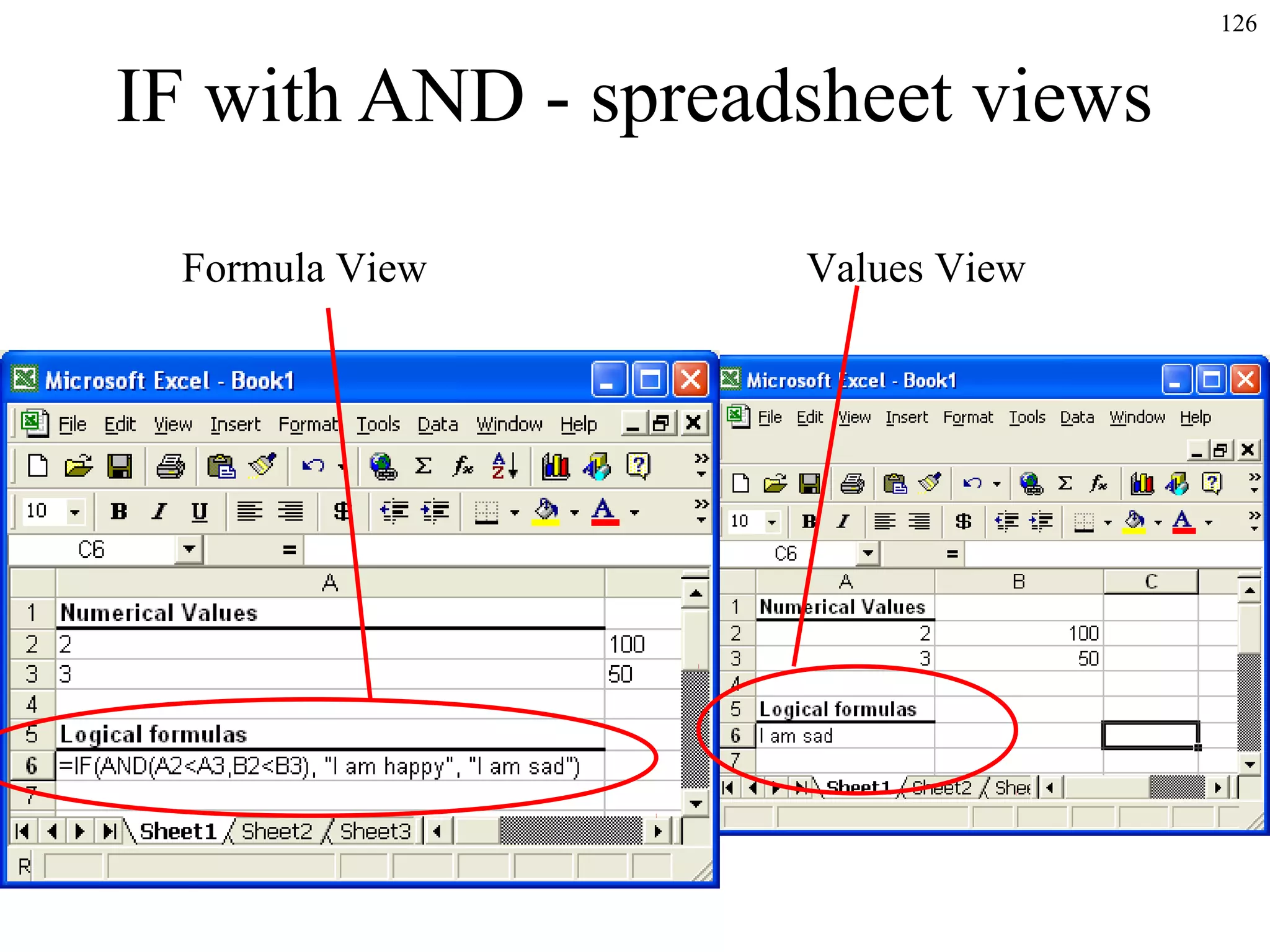 126
IF with AND - spreadsheet views
Formula View Values View
 