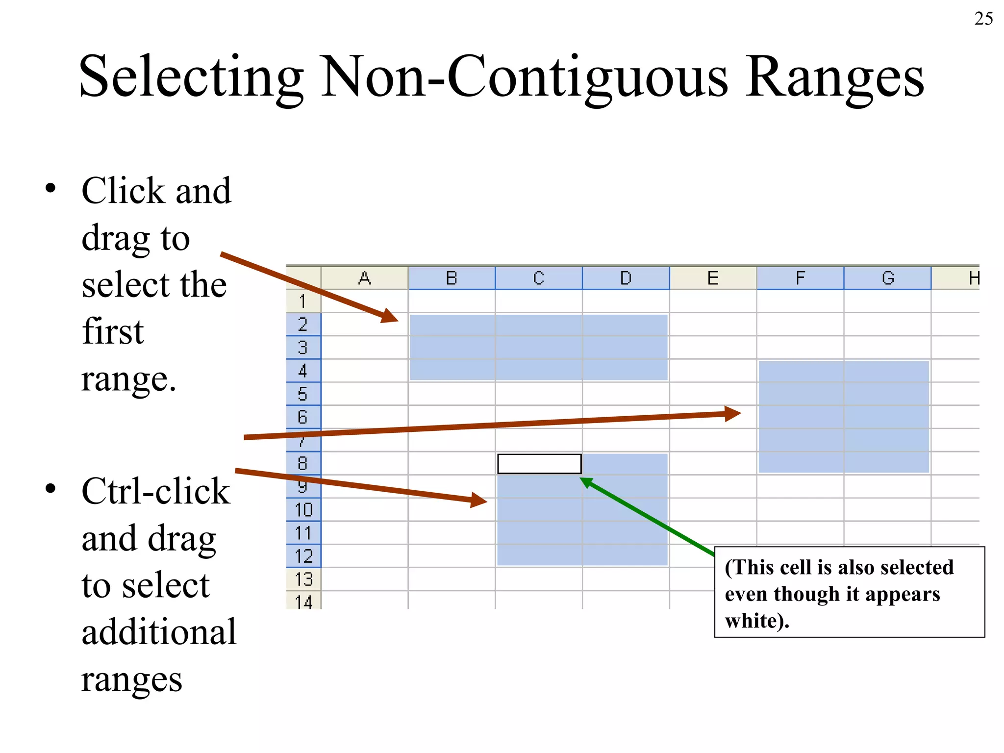 25
Selecting Non-Contiguous Ranges
• Click and
drag to
select the
first
range.
• Ctrl-click
and drag
to select
additional
ranges
(This cell is also selected
even though it appears
white).
 