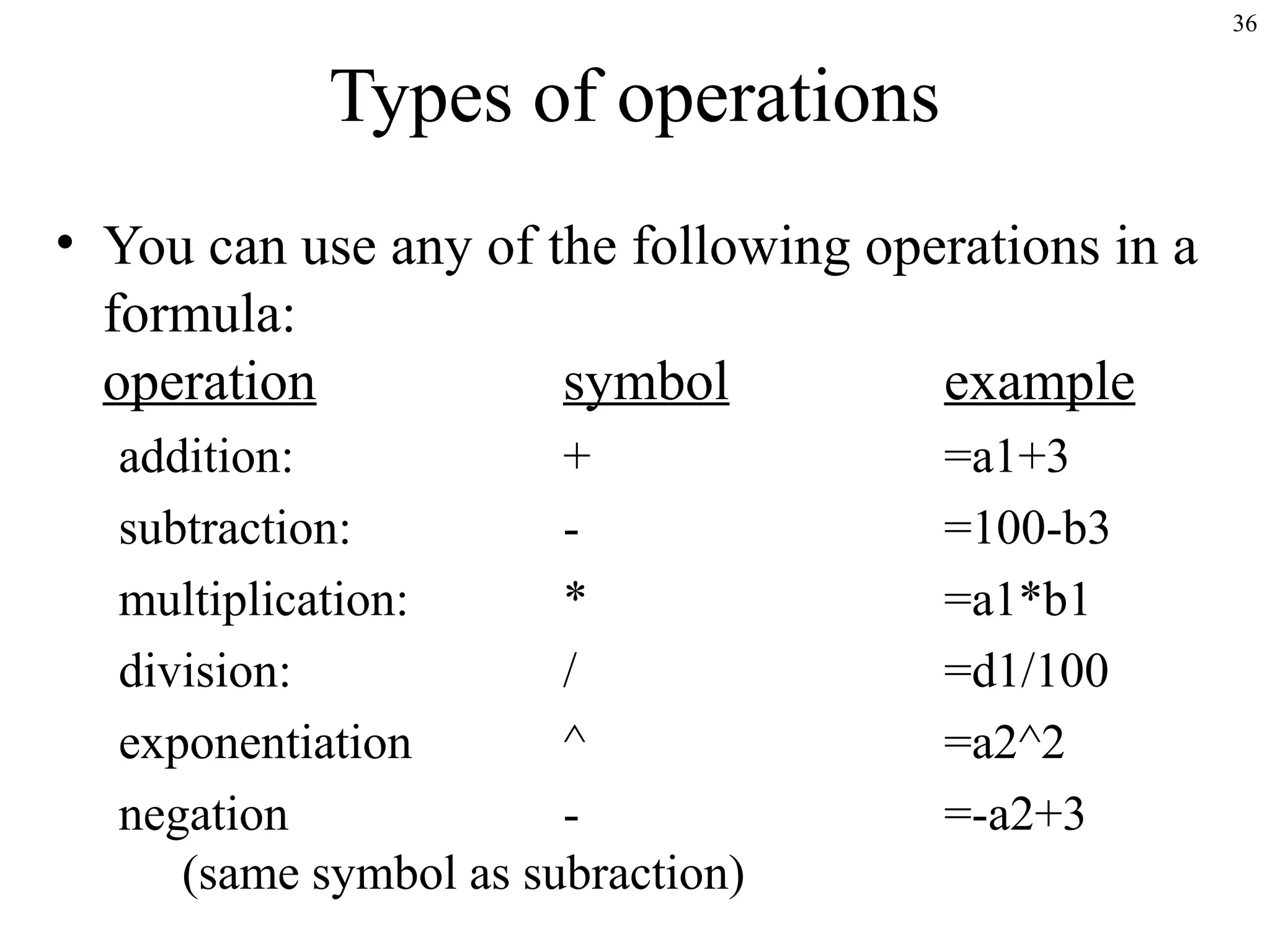 36
Types of operations
• You can use any of the following operations in a
formula:
operation symbol example
addition: + =a1+3
subtraction: - =100-b3
multiplication: * =a1*b1
division: / =d1/100
exponentiation ^ =a2^2
negation - =-a2+3
(same symbol as subraction)
 