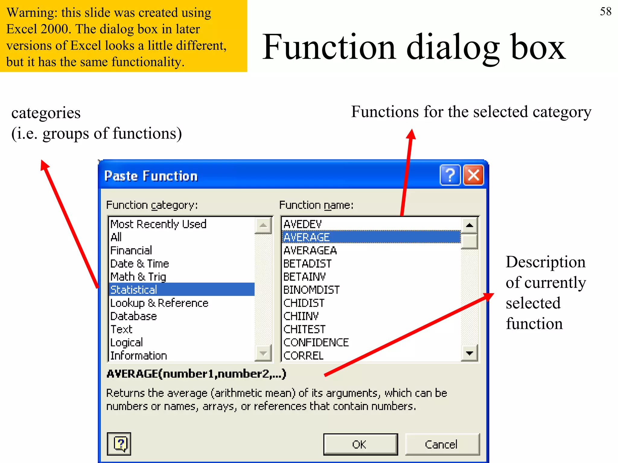 58
Function dialog box
categories
(i.e. groups of functions)
Functions for the selected category
Description
of currently
selected
function
Warning: this slide was created using
Excel 2000. The dialog box in later
versions of Excel looks a little different,
but it has the same functionality.
 