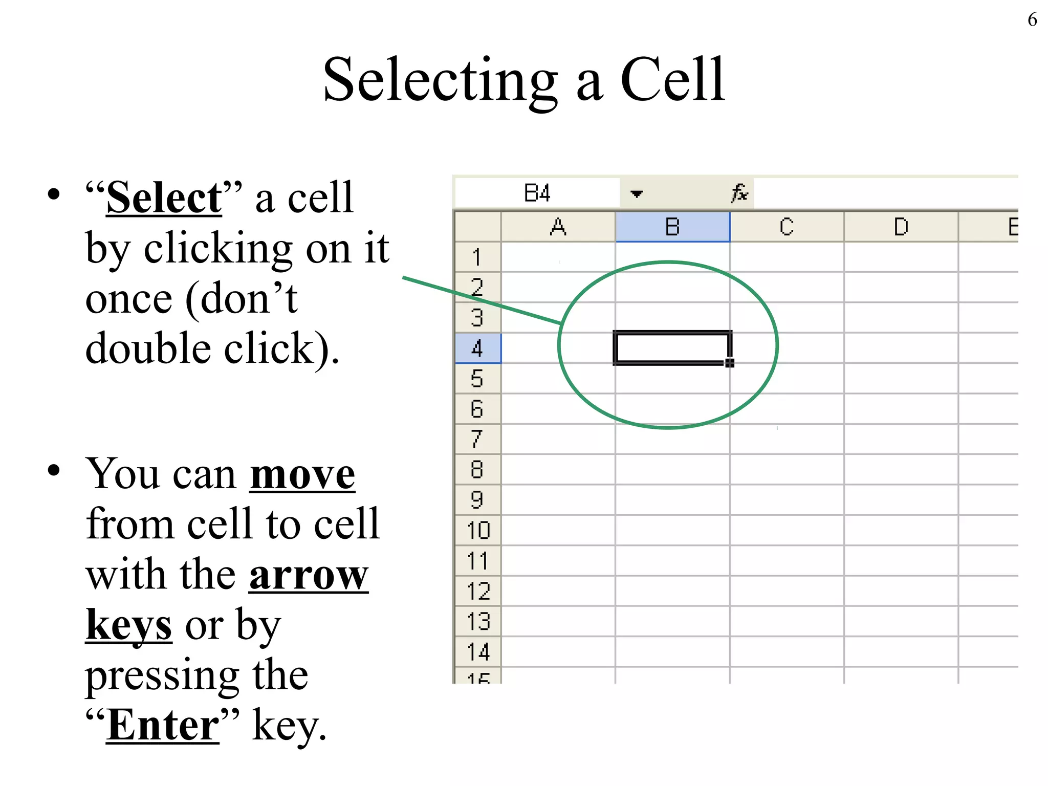 6
Selecting a Cell
• “Select” a cell
by clicking on it
once (don’t
double click).
• You can move
from cell to cell
with the arrow
keys or by
pressing the
“Enter” key.
 