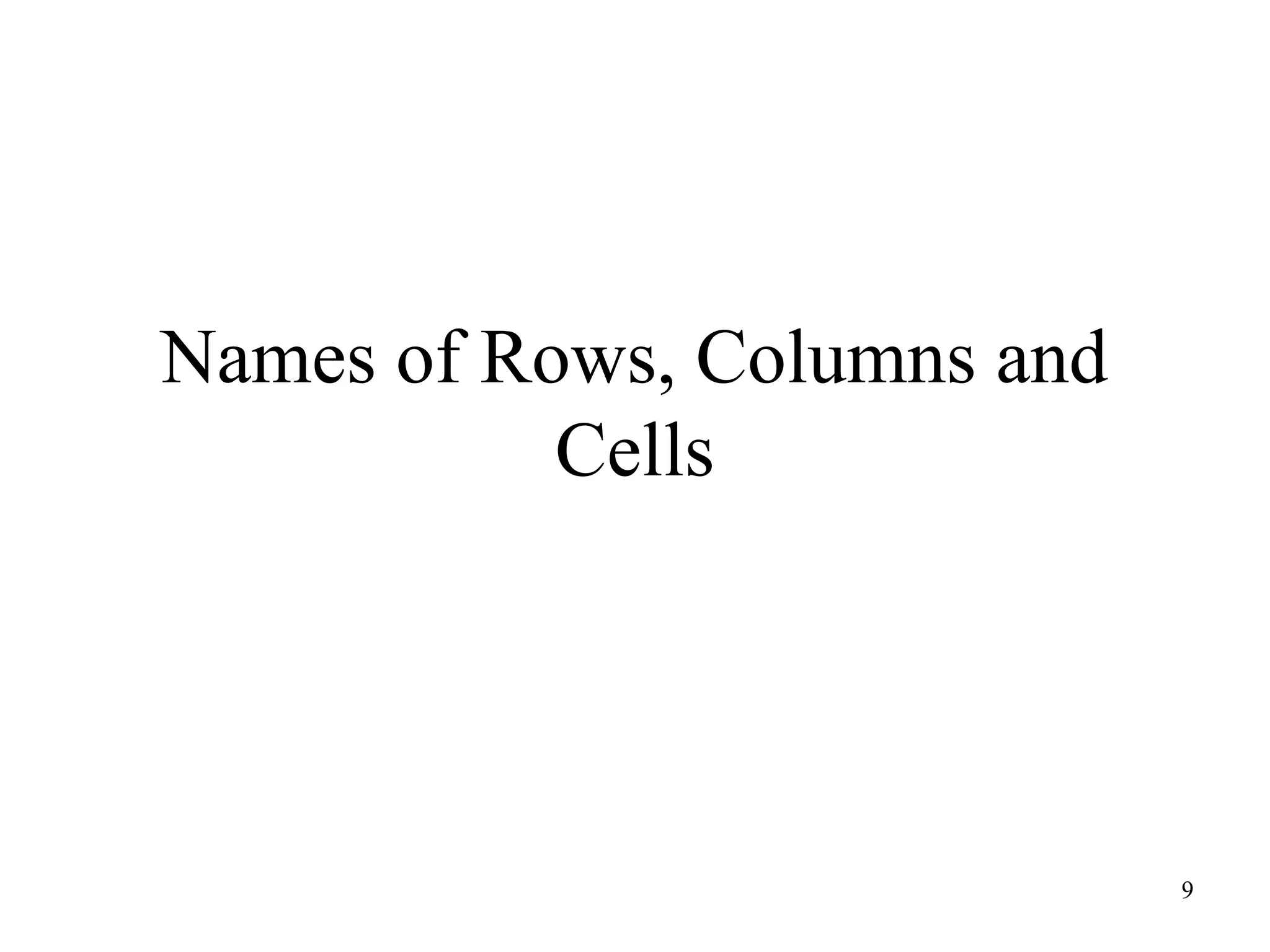 9
Names of Rows, Columns and
Cells
 