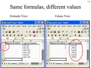 114
Same formulas, different values
Formula View Values View
 