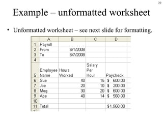 22
Example – unformatted worksheet
• Unformatted worksheet – see next slide for formatting.
 