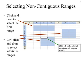 25
Selecting Non-Contiguous Ranges
• Click and
drag to
select the
first
range.
• Ctrl-click
and drag
to select
additional
ranges
(This cell is also selected
even though it appears
white).
 