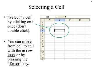6
Selecting a Cell
• “Select” a cell
by clicking on it
once (don’t
double click).
• You can move
from cell to cell
with the arrow
keys or by
pressing the
“Enter” key.
 